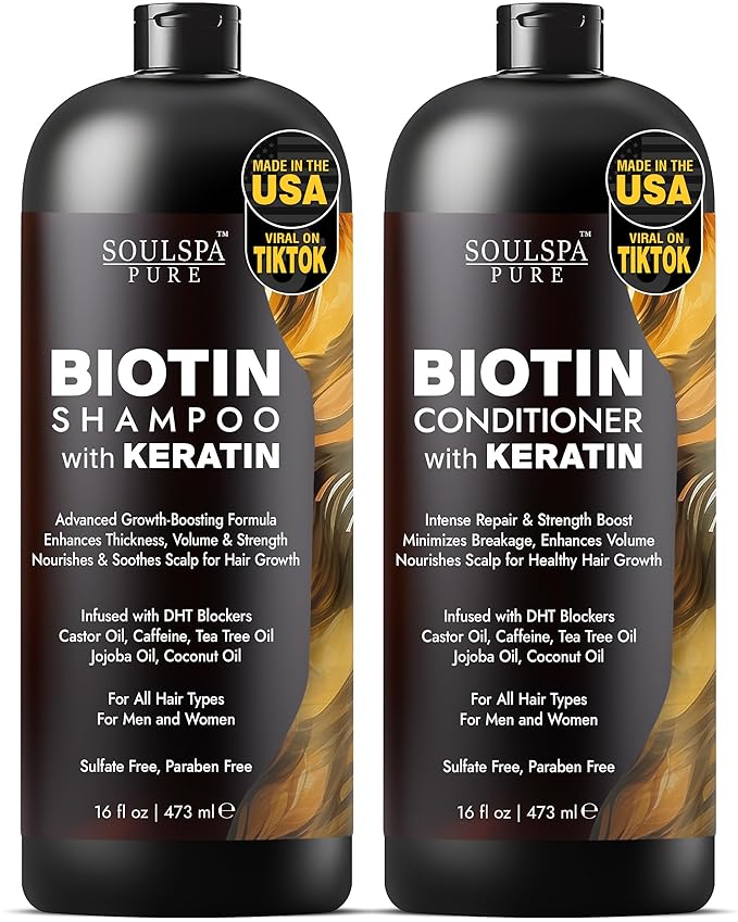 Biotin Shampoo and Conditioner Set with Keratin - Sulfate-Free Advanced Anti-Thinning, Hair Growth Shampoo and Conditioner Combo Repair Formula - with DHT Blockers, for Men &amp; Women - 16 fl oz each