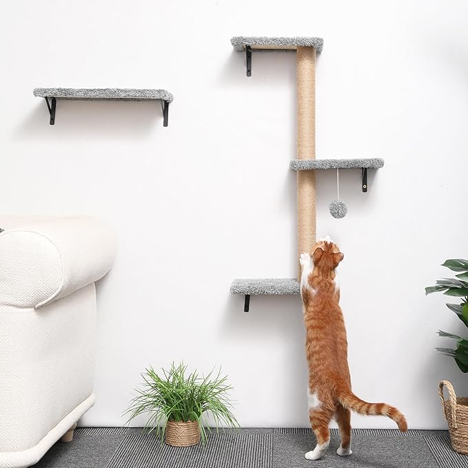 FUKUMARU Cat Wall Shelves, Stable &amp; Safe 4 in 1 Cat Furniture Set, Wooden Climbing Wall with Scratching Post for 16 Inch Drywall - Light Gray