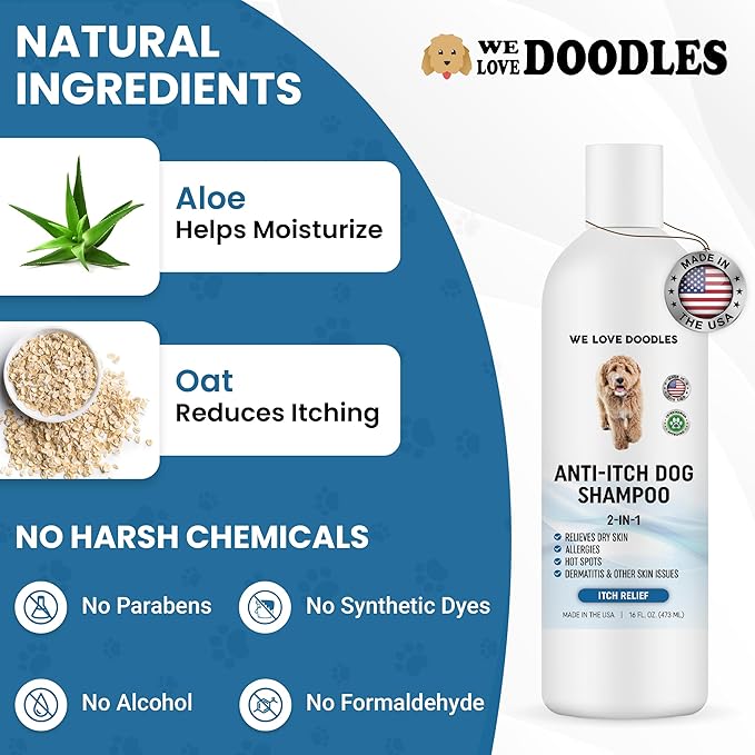 Premium Anti Itch Dog Shampoo for Sensitive Skin, Made in USA, Dry Skin Treatment for Dogs, Great for Allergies, Itching, Hot Spots, Natural Ingredients &amp; Allergy Relief, 16 OZ [We Love Doodles]