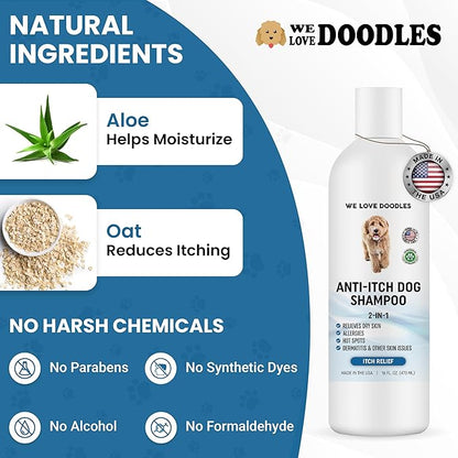 Premium Anti Itch Dog Shampoo for Sensitive Skin, Made in USA, Dry Skin Treatment for Dogs, Great for Allergies, Itching, Hot Spots, Natural Ingredients &amp; Allergy Relief, 16 OZ [We Love Doodles]