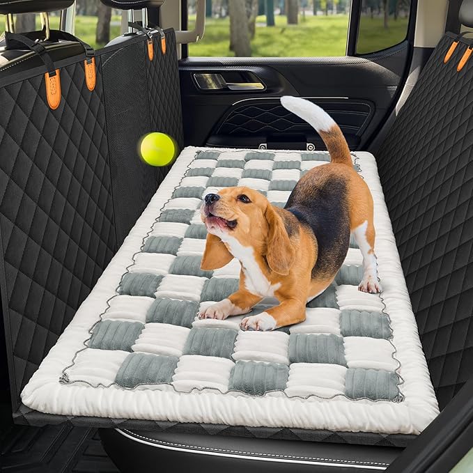 Backseat Pet Bed Mat, Non-Slip Plaid Dog Bed for Car Back Seat, Flannel Backseat Dog Bed, Fit for Backseat Extenders and Trucks SUVs (Bluegrey&amp;White, 24.8x54 inch)