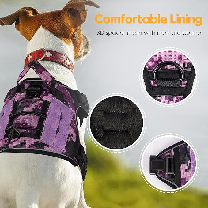 Heavy-Duty Tactical Dog Harness for Large Dogs, No Pull Adjustable Reflective Pet Vest with Molle System, K9 Military-Grade Control for Service Training, Outdoor &amp; 10+ Breeds, Purple Camo, Small