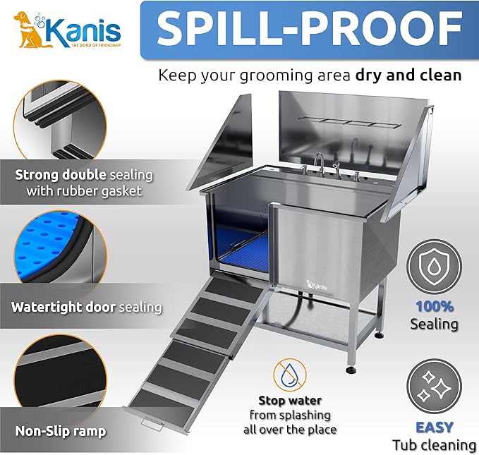 KANIS Professional Dog Washing Station - 304 Stainless Steel Pet Wash Sink &amp; Grooming Bath Tub for Home with Ramp, Shower, Floor Grate, Storage Shelf, Faucet, Drain Kit for Large, Medium &amp; Small Pets