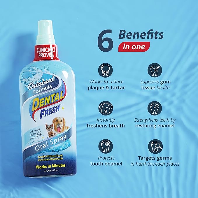Dental Fresh Oral Spray for Dogs and Cats, Eliminates Bad Breath and Protects Their Teeth &amp; Gums, 4 Fl Oz.
