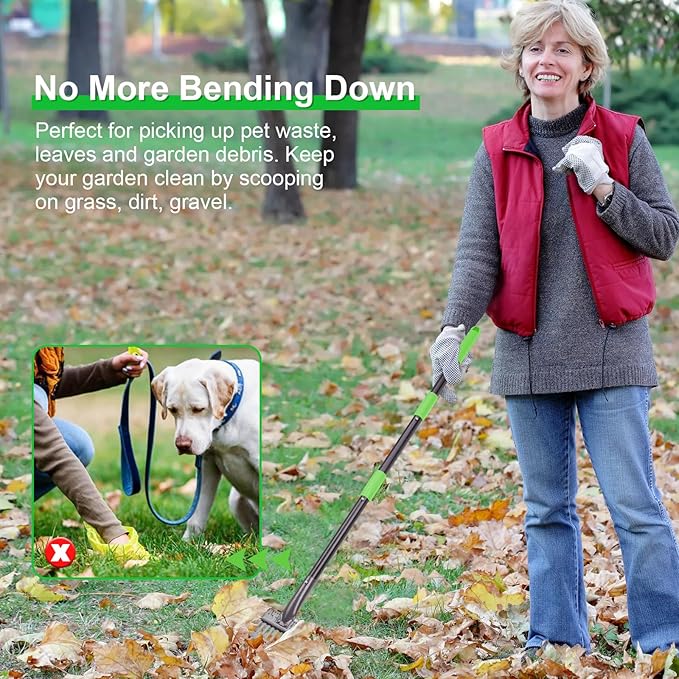 Non-Breakable Pooper Scooper, Dog Pooper Scooper Tray &amp; Rake Set with Adjustable Stainless Steel Long Handle for Large Medium Small Dogs (Green)