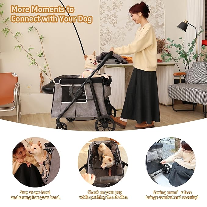 Medium Dog Stroller for Small to Large Dogs 4 Wheels Multi Pet Stroller for 4 Dogs Holds Up to 66lbs, One-Click Folding&amp;Smooth Tires&amp;Sunshade &amp; Storage Basket (Gray, Medium)