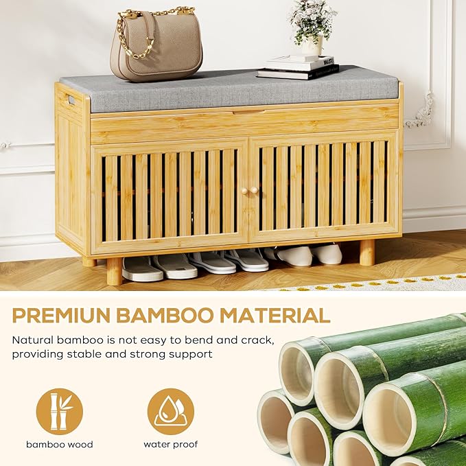 Coat Rack Shoe Bench Set, Bamboo Shoe Storage Bench with Seat Cushion &amp; 5 Hooks, Hall Tree Entryway Bench with Lift Top Hidden Storage, 35.4" W x 12.6" D x 19.7" H, for Entryway, Living Room, Bedroom