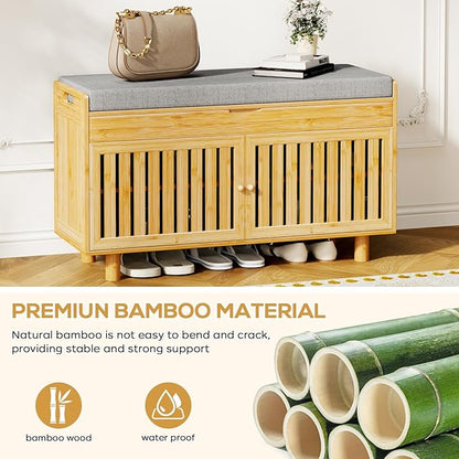 Coat Rack Shoe Bench Set, Bamboo Shoe Storage Bench with Seat Cushion &amp; 5 Hooks, Hall Tree Entryway Bench with Lift Top Hidden Storage, 35.4" W x 12.6" D x 19.7" H, for Entryway, Living Room, Bedroom