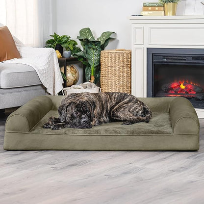 Furhaven Orthopedic Dog Bed for Large Dogs w/ Removable Bolsters &amp; Washable Cover, For Dogs Up to 125 lbs - Faux Fur &amp; Velvet Sofa - Dark Sage, Jumbo Plus/XXL