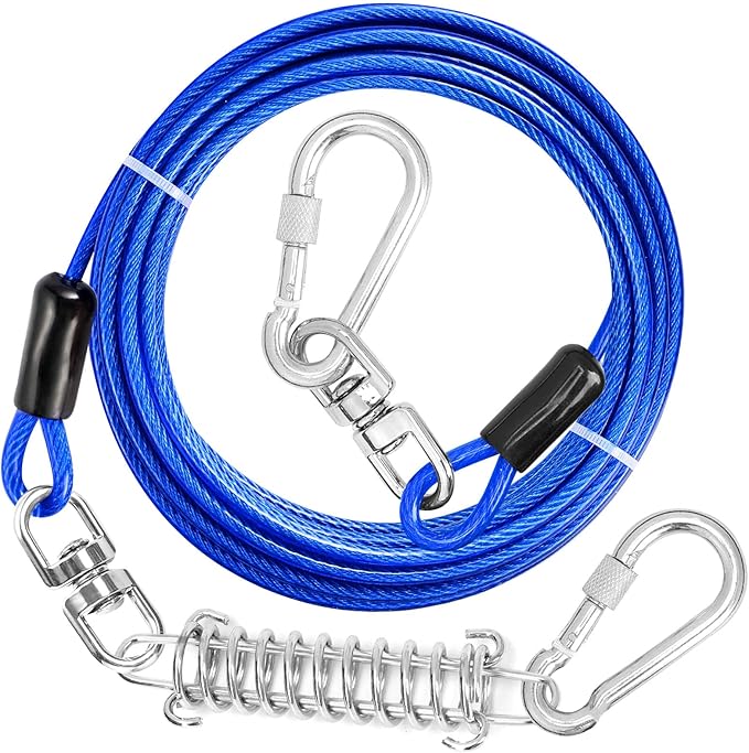 Jenico Dog Tie Out Cable, 10-150FT Runner Cable with Swivel Hook and Shock Spring, Yard &amp; Camping Dog Leash Tether for Small to Medium Pets Up to 500 LBS