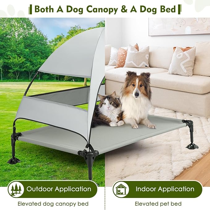 Upgraded Elevated Dog Bed with Canopy, Portable Raised Outdoor Dog Bed with Stable Anti-Slip Feet, Removable Wider Shade, Raised Dogs Cot for Large Pets Camping, Indoor &amp; Outdoor Use