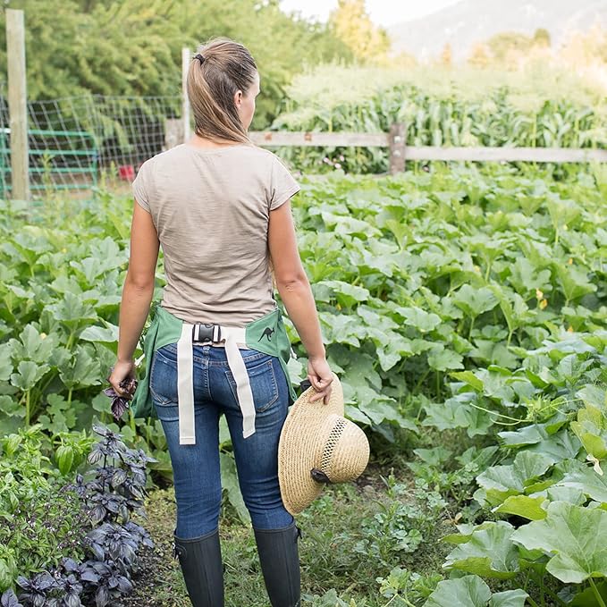 Roo Gardening Apron with Pockets &amp; Harvesting, Picking Pouch - Adjustable, Water-resistant, Washable Canvas Cotton
