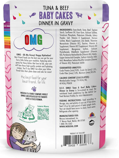 Weruva B.F.OMG - Best Feline Friend Oh My Gravy!, Tuna &amp; Beef Baby Cakes with Tuna &amp; Beef in Gravy Cat Food, 3oz Pouch (Pack of 12), Purple (0152)