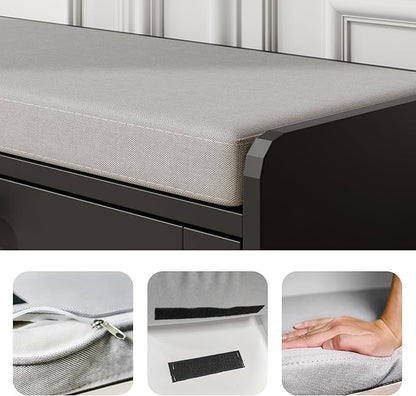 MHOM Black Modern Entryway Bench with 2 Flip Drawers, Shoe Bench with Padded Seat Cushion, Wooden Storage Bench for Bedroom and Apartment