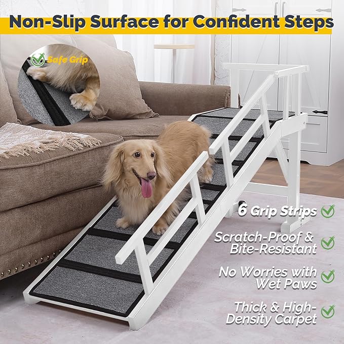 Dog Ramp for Bed or Couch, Wooden Pet Ramp with 20° Gentle Slope, Removable Side Rails, Non-Slip Surface, Top Platform &amp; Wheels, Safe Bed Ramp for Small, Medium &amp; Senior Dogs, 60" Long, White