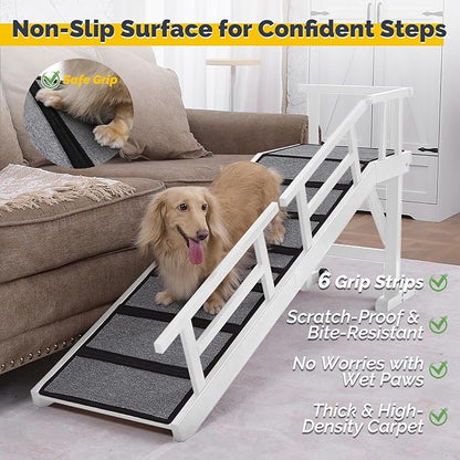 Dog Ramp for Bed or Couch, Wooden Pet Ramp with 20° Gentle Slope, Removable Side Rails, Non-Slip Surface, Top Platform &amp; Wheels, Safe Bed Ramp for Small, Medium &amp; Senior Dogs, 60" Long, White