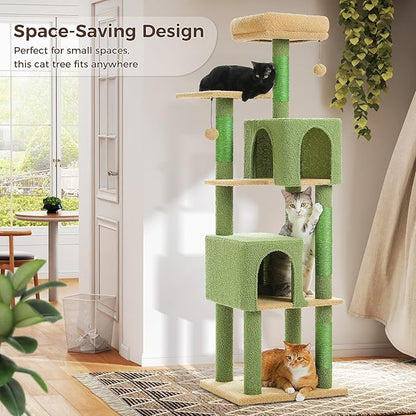 Cactus Cat Tree, 62-Inch Tall Multi-Level Cat Tower with Scratching Posts, Cat Condos for Large Indoor Cats, Plush Cat Bed w/Padded Perches, Scratching Pad &amp; 2 Green Pompoms, Green