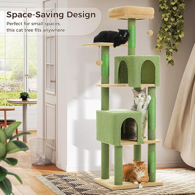 Cactus Cat Tree, 62-Inch Large Cat Tower for Multi-Cat Households w/Scratching Posts, Multi-Level Condo w/Cozy Top Perch &amp; Scratching Pad, Padded Platform, 2 Pompoms, Green
