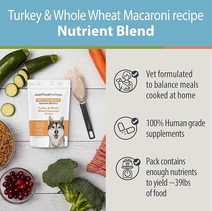 JustFoodForDogs DIY Nutrient Blend for Homemade Dog Food, Turkey &amp; Whole Wheat Macaroni Recipe