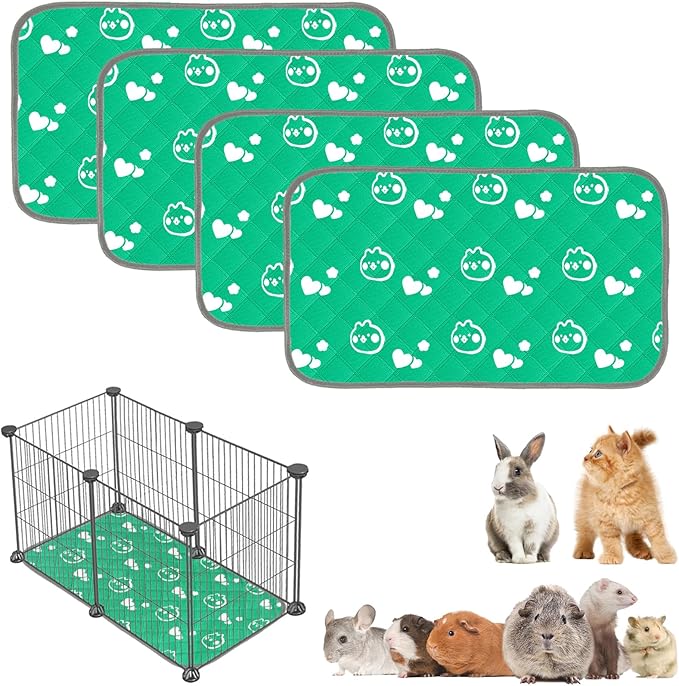 4 Pack Guinea Pig Bedding - Washable Guinea Pig Liners for C&amp;C 2x1 Cage, Waterproof Reusable &amp; Anti Slip Pee Pads Super Absorbent Mats for Small Animal Rabbit Hamster Rat (Green, 28 x 14 Inch)