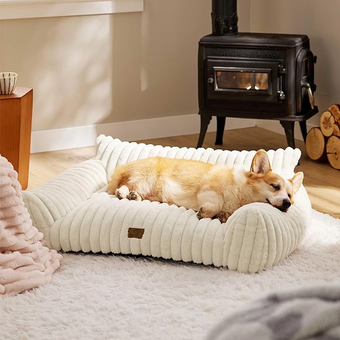 Bedsure Cute Dog Couch for Medium Dogs- Fluffy Pet Sofa, Dog Couch Bed with Removable, Washable Cover, Supportive Pet Bed for Medium Large Dogs, 36inch, Cream