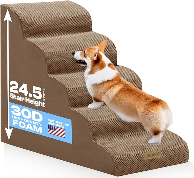 Dog Stairs for High Beds Up to 26-30", 5-Step Foam Pet Ramp with Washable Cover, Gentle Slope Steps, Bed &amp; Couch Ladder for Small Medium Dogs &amp; Senior Cat, Puppy Stairs to Get on Tall Furniture