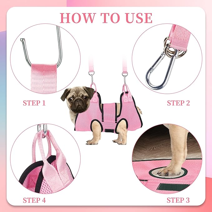 PatiencET Dog Grooming Hammock, Pet Grooming Hammock for Cats &amp; Dogs with Security Strap, Dog Sling for Nail Trimming with Nail Clippers/Trimmer, Nail File, Pet Comb(Pink S)