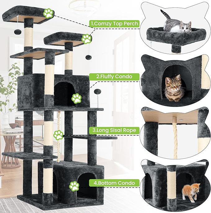 69in Large Cat Tree Tower for Indoor Cats with Soft Plush Hang Ball, Two Condos, Sisal Scratch Posts &amp; Rope Play for Kittens/Adult Cats, Deep Grey