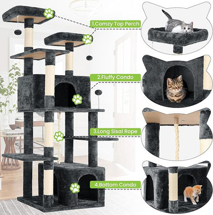 69in Large Cat Tree Tower for Indoor Cats with Soft Plush Hang Ball, Two Condos, Sisal Scratch Posts &amp; Rope Play for Kittens/Adult Cats, Deep Grey