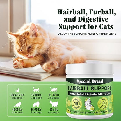 Hairball Support for Cats - 10 Super Ingredients for Hairball Relief, Digestive Support &amp; Healthy Skin - No Fillers - Psyllium, Pumpkin, Omega-3s &amp; More - 240 Scoops