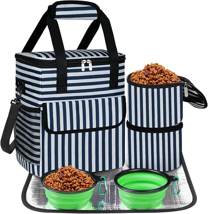 Dog Travel Bag for Camping - Pet Travel Accessories with 2 Collapsible Bowls, 2 Food Containers &amp; Waterproof Feeding Mat - Portable Dog Carrier, Stripe (Small)