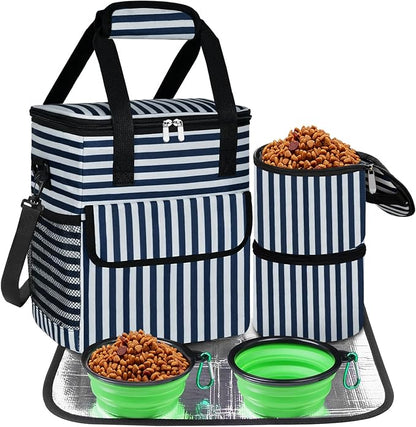 Dog Travel Bag for Camping - Pet Travel Accessories with 2 Collapsible Bowls, 2 Food Containers &amp; Waterproof Feeding Mat - Portable Dog Carrier, Stripe (Small)