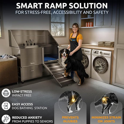 KANIS Professional Dog Washing Station - 304 Stainless Steel Pet Wash Sink &amp; Grooming Bath Tub for Home with Ramp, Shower, Floor Grate, Storage Drawers, and Faucet for Large, Medium &amp; Small Pets
