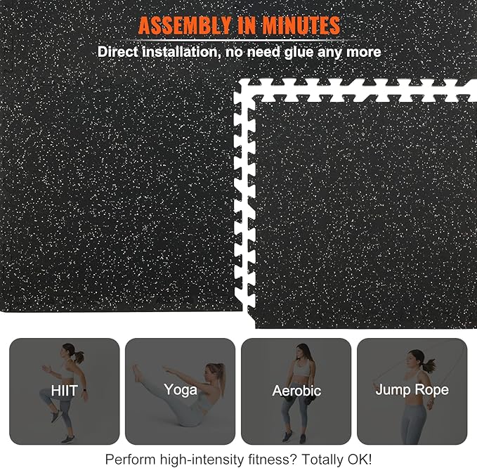 VEVOR 6PCS 0.56 inch Thick Gym Floor Mats, 25" x 25" EVA Foam &amp; Rubber Top Interlocking Workout Floor Mats with 24 sq.ft Coverage, Waterproof Exercise Puzzle Flooring for Gym, Home, Garage, Basement