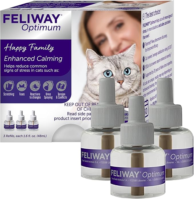 FELIWAY Optimum 3 x 30 Day Cat Calming Refills for Pheromone Diffuser, 3 x 48ml Value Pack - Helps Reduce Common Signs of Stress in Cats &amp; Kittens, Enhanced Calming