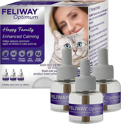 FELIWAY Optimum 3 x 30 Day Cat Calming Refills for Pheromone Diffuser, 3 x 48ml Value Pack - Helps Reduce Common Signs of Stress in Cats &amp; Kittens, Enhanced Calming