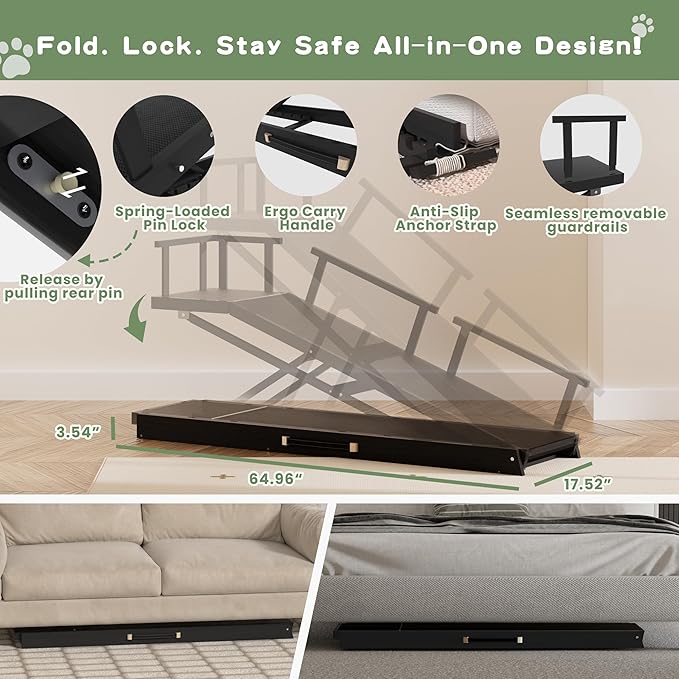 6 Level Height Adjustable Dog Ramp for Bed, Couch 65" Foldable Pet Ramp with Non-Slip Mat，DIY Glow Strips &amp; Rest Platform Heavy Duty Dog Stairs for Large Dogs up to 200Lbs ，Black