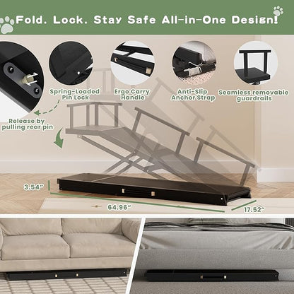 6 Level Height Adjustable Dog Ramp for Bed, Couch 65" Foldable Pet Ramp with Non-Slip Mat，DIY Glow Strips &amp; Rest Platform Heavy Duty Dog Stairs for Large Dogs up to 200Lbs ，Black