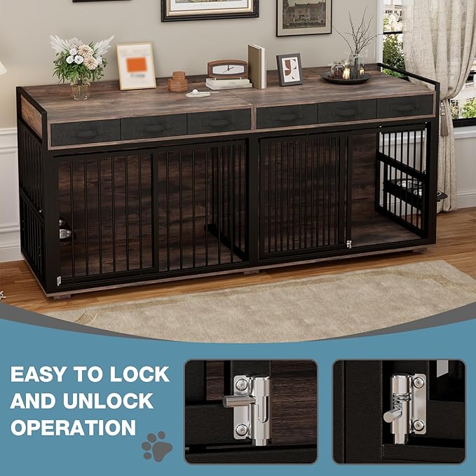 86.6Inch Large Double Dog Crate Furniture,Heavy Duty Metal Frame Dog Crate Kennel with Adjustable Feeder Bowls and Removable Divider&amp;Drawers,Chew-Resistant Dog Kennel for 2 Dogs Indoor