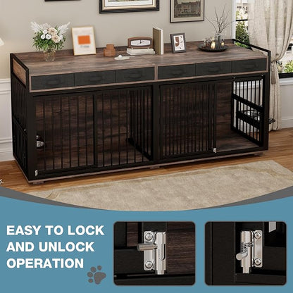 86.6Inch Large Double Dog Crate Furniture,Heavy Duty Metal Frame Dog Crate Kennel with Adjustable Feeder Bowls and Removable Divider&amp;Drawers,Chew-Resistant Dog Kennel for 2 Dogs Indoor