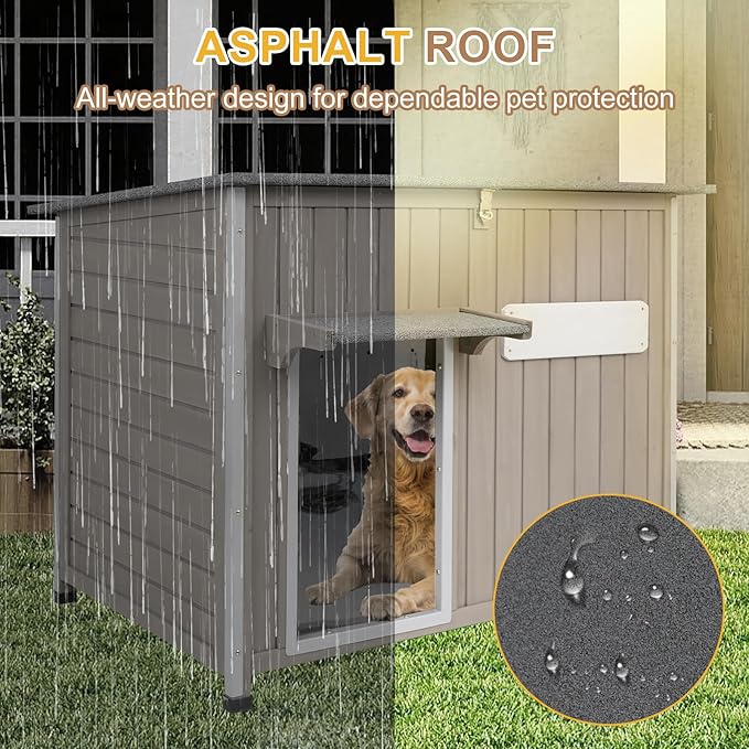 Weatherproof Outdoor Dog House, Wooden Puppy Shelter with Anti-Chewing Iron Frame and Elevated Floor, Sturdy Dog Kennel for Small, Medium &amp; Large Dogs, Grey (Gray, 40" L x 26" W x 31" H)