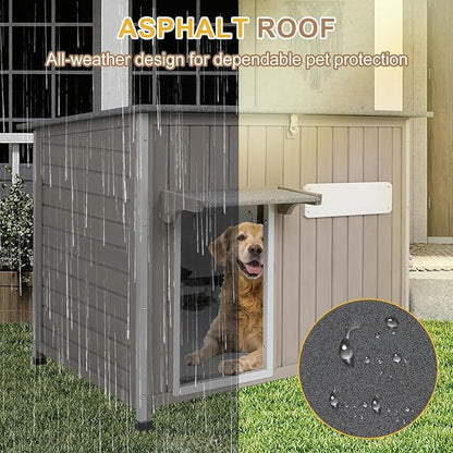 Weatherproof Outdoor Dog House, Wooden Puppy Shelter with Anti-Chewing Iron Frame and Elevated Floor, Sturdy Dog Kennel for Small, Medium &amp; Large Dogs, Grey (Gray, 40" L x 26" W x 31" H)