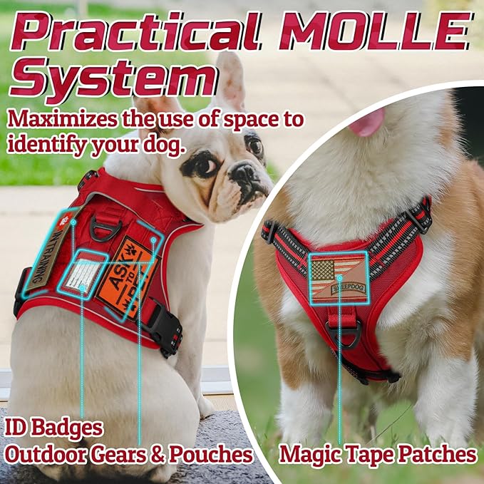 rabbitgoo Tactical Dog Harness for Large Dogs, No Pull Military Service Vest with Handle &amp; Molle, Easy Control for Training Walking, Adjustable Reflective Straps, Red, L