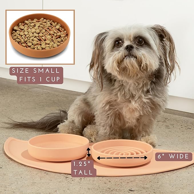 The Slowdown Bowl Silicone Slow Feeder for Cats &amp; Dogs, Slow Eating Mealtime Solution with Modern Lick Mat Design, Reduces Gulping, Fits 1 Cup 6” Across x 1.25” Tall, Small-Honey