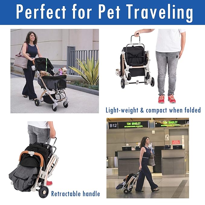 Lite Premium Light-Weight Dog/Cat/Pet Stroller Travel Carriage with Convertible Compartment/Zipper-Less Entry/1-Hand Quick Fold/Aluminum Frame for Small &amp; Medium Pets (Black 2nd-Gen.)