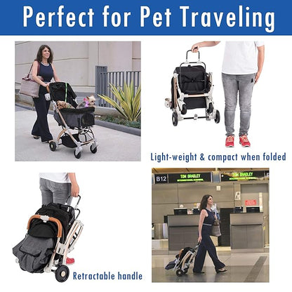 Lite Premium Light-Weight Dog/Cat/Pet Stroller Travel Carriage with Convertible Compartment/Zipper-Less Entry/1-Hand Quick Fold/Aluminum Frame for Small &amp; Medium Pets (Black 2nd-Gen.)