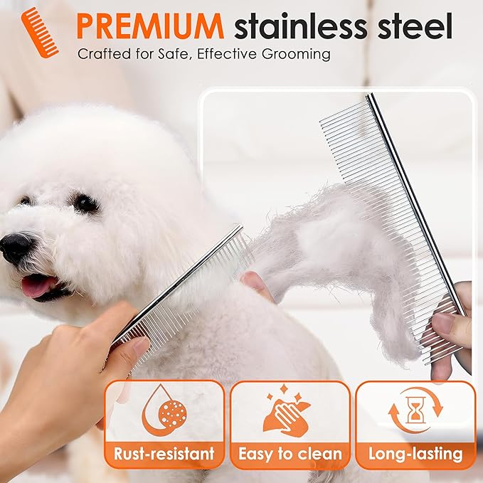 Dog Comb to Remove Tangles and Knots, Cat Comb with Stainless Steel Teeth and Non-Slip Handle, Dog combs for grooming matting for Long Haired Pets (Large &amp; Small)