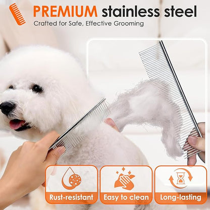 Dog Comb to Remove Tangles and Knots, Cat Comb with Stainless Steel Teeth and Non-Slip Handle, Dog combs for grooming matting for Long Haired Pets (Large &amp; Small)