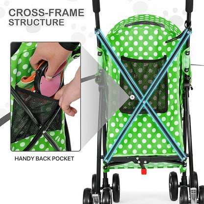 MoNiBloom 4 Wheels Pet Stroller, Easy-Fold Umbrella Shaped Dog Cat Jogger Stroller w/Storage Bag &amp; Visible Mesh for Small/Medium Dogs Cats Lawn Green Polka Dots
