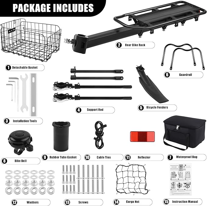 Aodaer Rear Bike Rack with Basket Quick Release Bike Rear Rack Heavy Duty Folding Bike Basket with Waterproof Bag &amp; Cargo Net &amp; Installation Tool